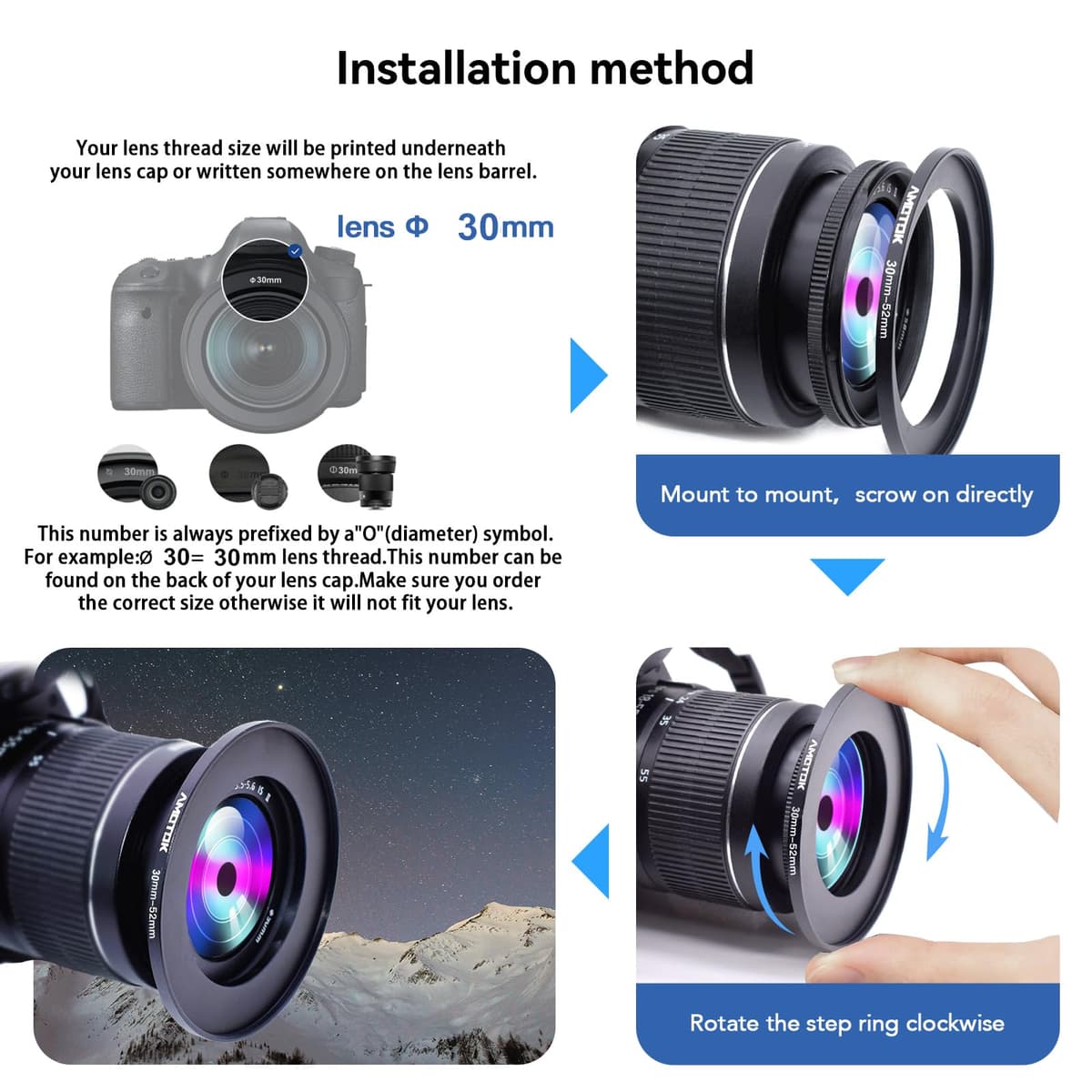 Adaptador de lente de cámara de 30 mm a 52 mm, anillo adaptador de anillo de paso de 30 mm a 52 mm, accesorio compatible con todos los filtros de 52 mm — view 5