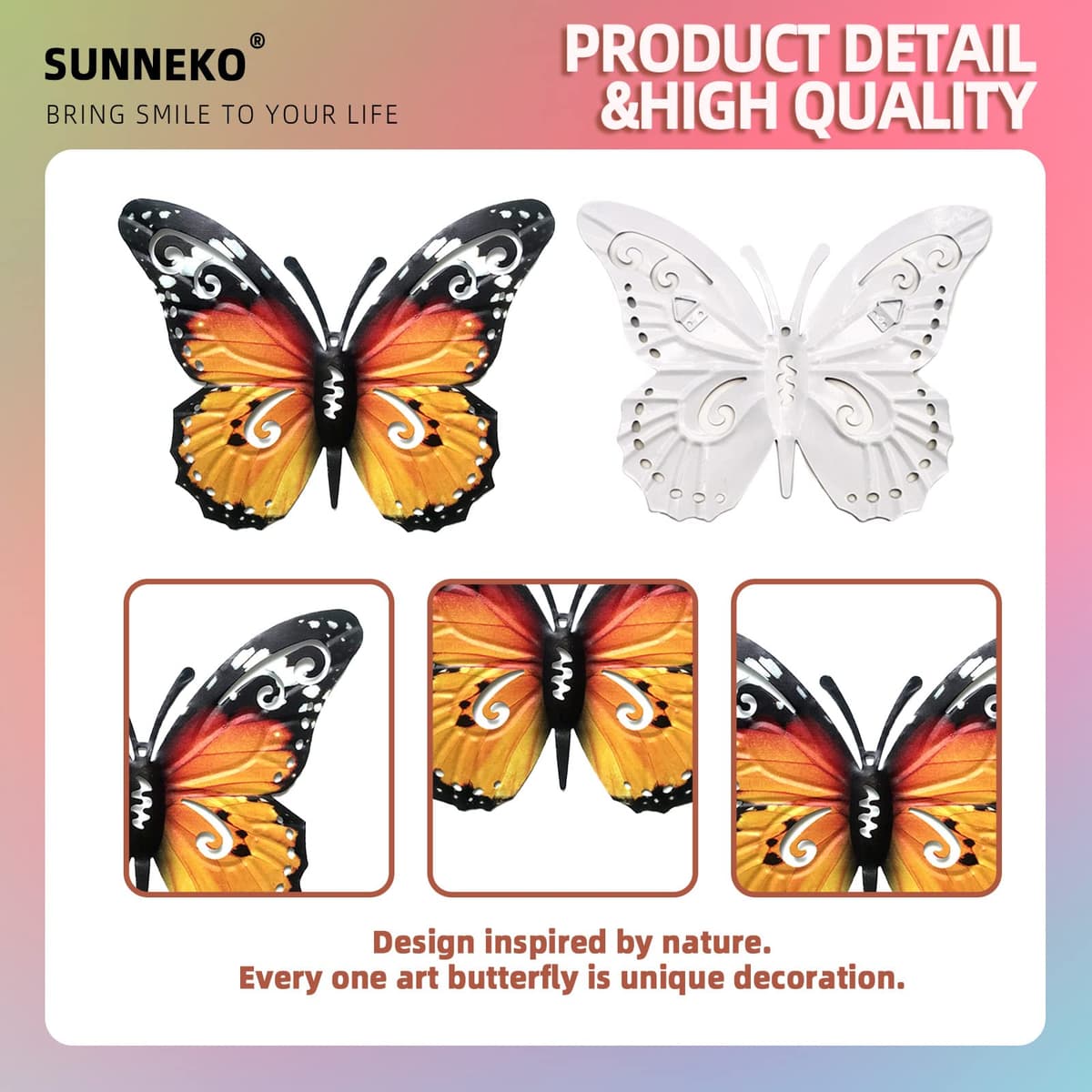 SUNNEKO Large Metal Butterfly Garden Ornaments Outdoor, Metal Wall Art Big Butterfly Decorations for Outside Garden Shed Fences Yard Decorations Wall Hanging (3 PCS) — view 7