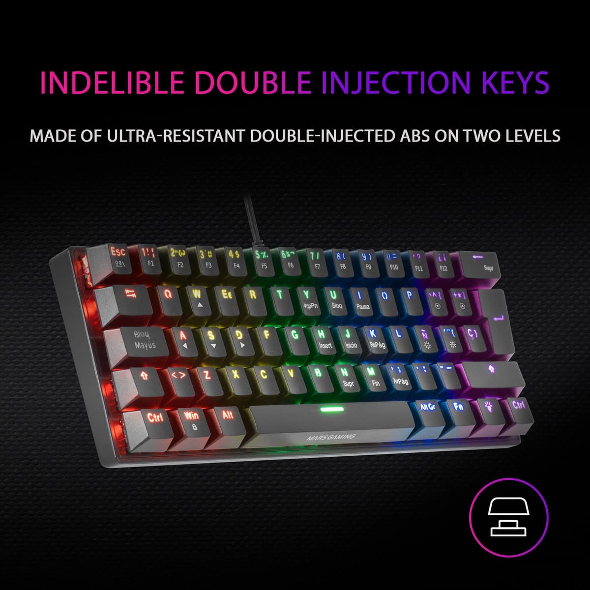 Mars Gaming MK60, Idioma Italiano, Teclado Gaming Mecánico 60% Ultraligero con Switch Rojo, Iluminación Rainbow RGB, Teclas Doble Inyección, Anti-Ghosting y Modo Juego, Multiplataforma, Negro — view 3