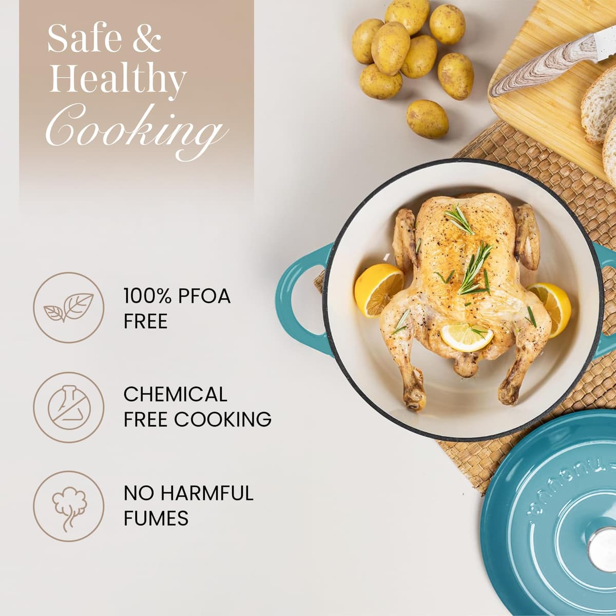 Nuovva Enamelled Cast Iron Dutch Oven Pot with Lid – 3.1 Quart Casserole Dish – Ceramic Dutch Oven for Bread Baking, Roasting, Braising & Stews – Oven Safe up to 500°F – 22cm Teal — view 4