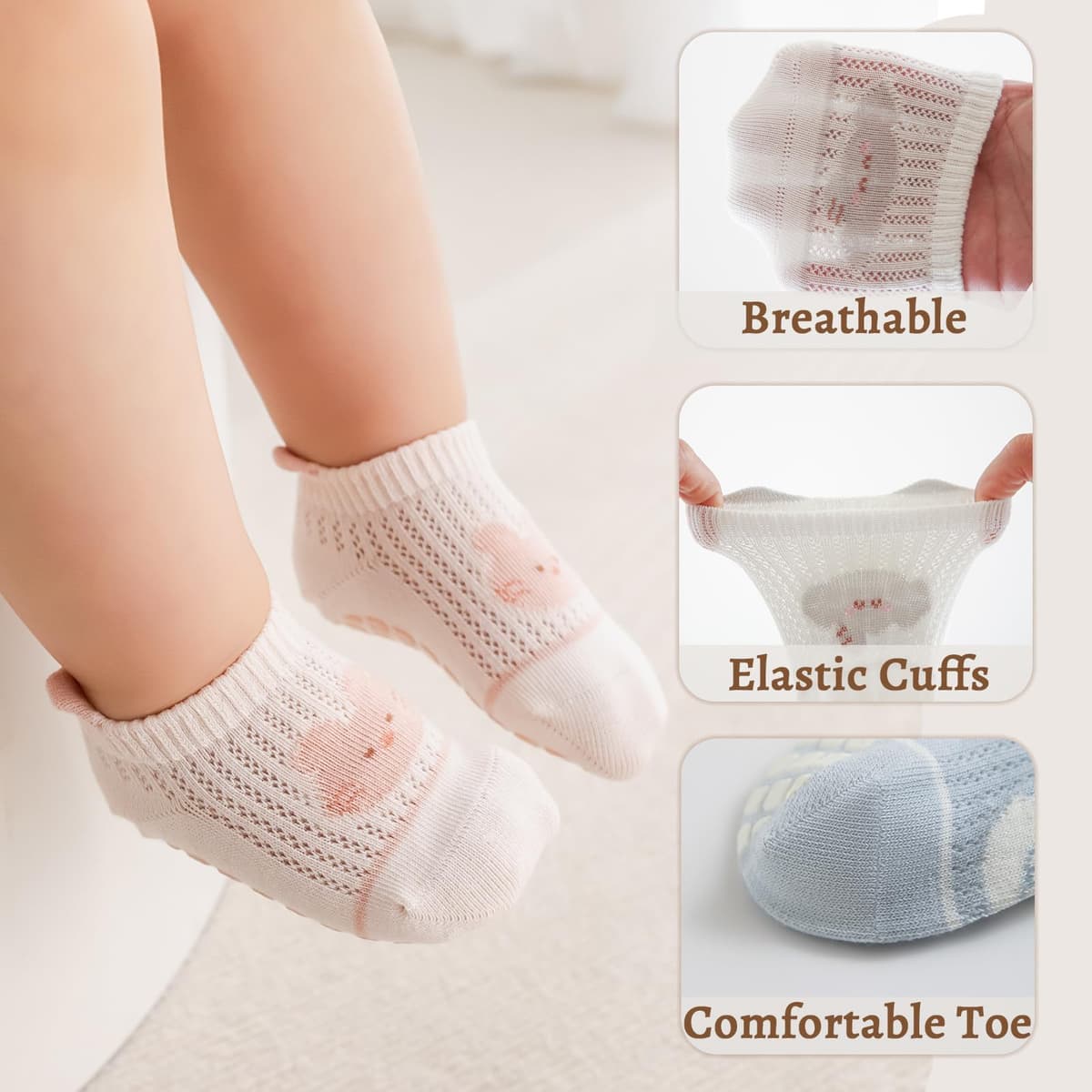 Bebé Antideslizante Tobillo Calcetines con Agarre Algodón Transpirables para Bebés Niños Niñas 5 Par Multicolores — view 3