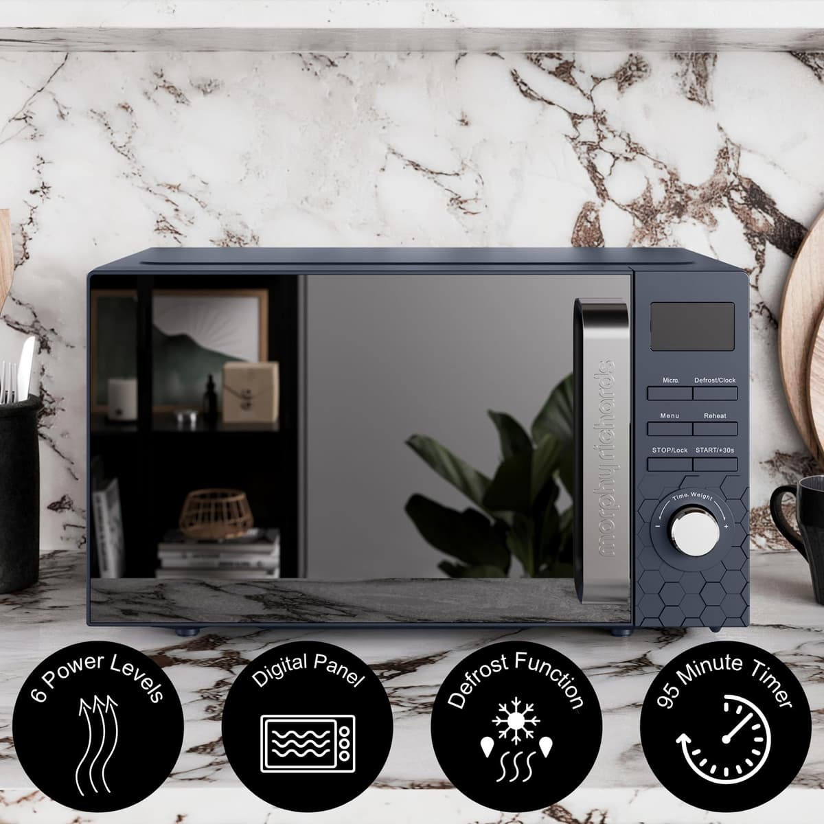 Morphy Richards Cassini Digital Glass Microwave, 20L Capacity, 6 Power Levels Including Defrost, 95 Minute Timer fo Cooking, 24.5cm Glass Turntable, Easy Clean, 800W, Outer Space, 511421 — view 2