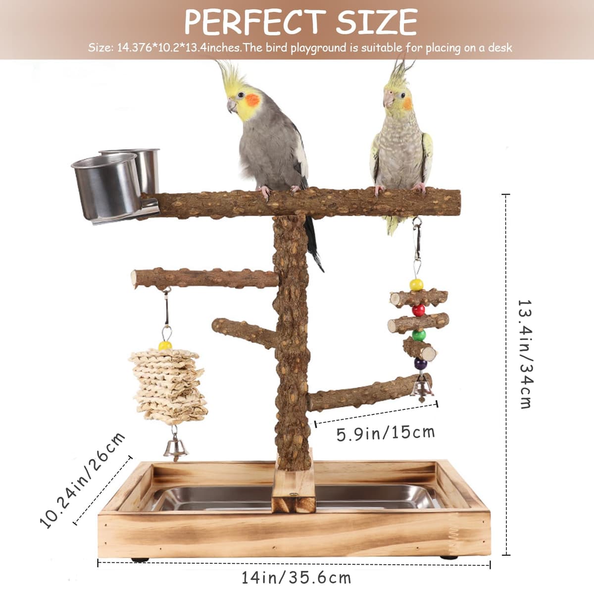 Aves Juego Stand - Puesto de Madera para Loros, Aves Stand con Percha, Taza de Alimentación, Bandeja y Juguetes de Gimnasio de Ejercicios para Pájaros Pequeños y Medianos — view 2