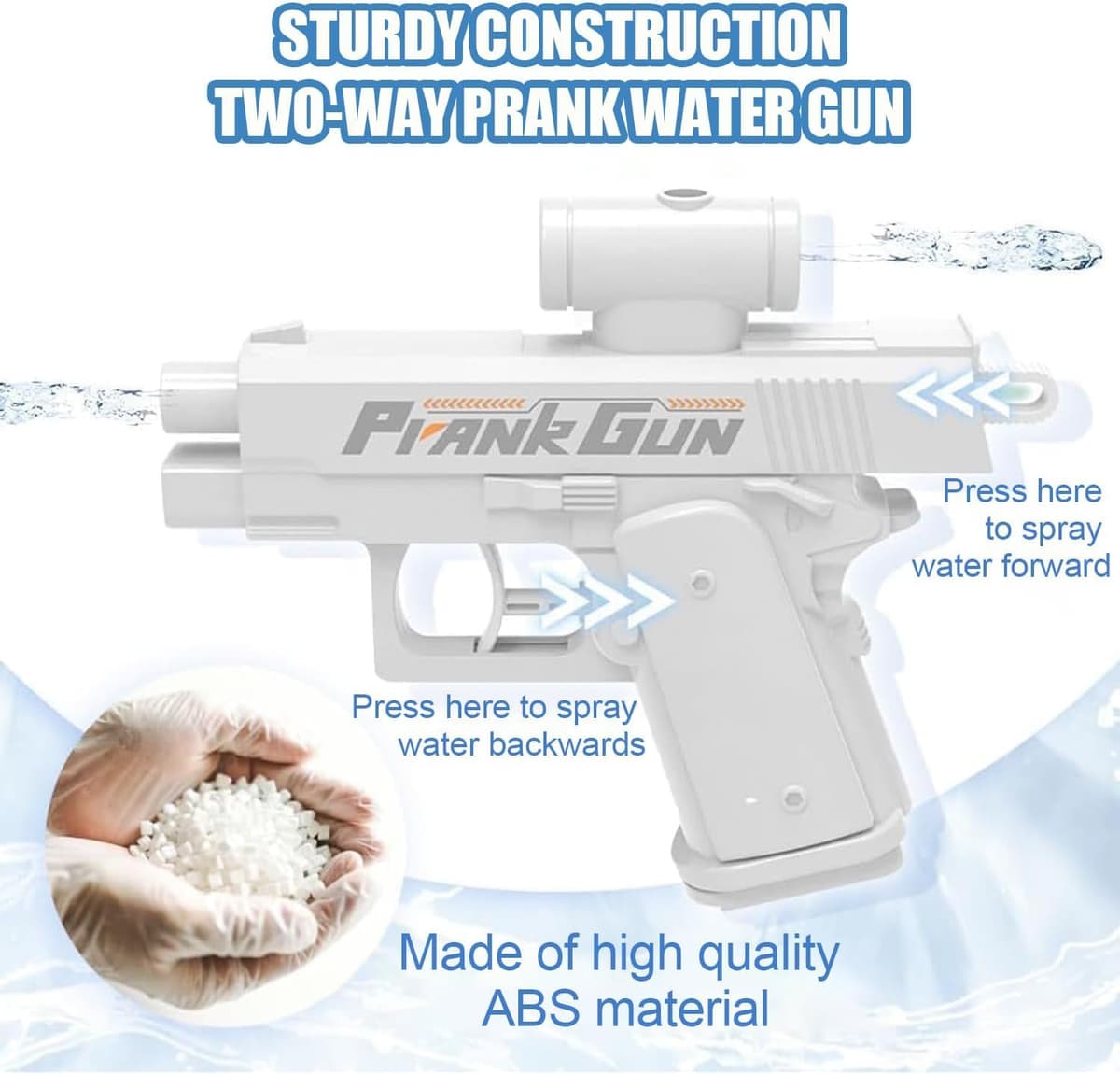 Prank Water Gun Pistola de Agua de Broma Invertir Pistolas de Agua Doble Disparo Delantera y Trasera para Travesuras Piscina Playa Verano (Azul) — view 4