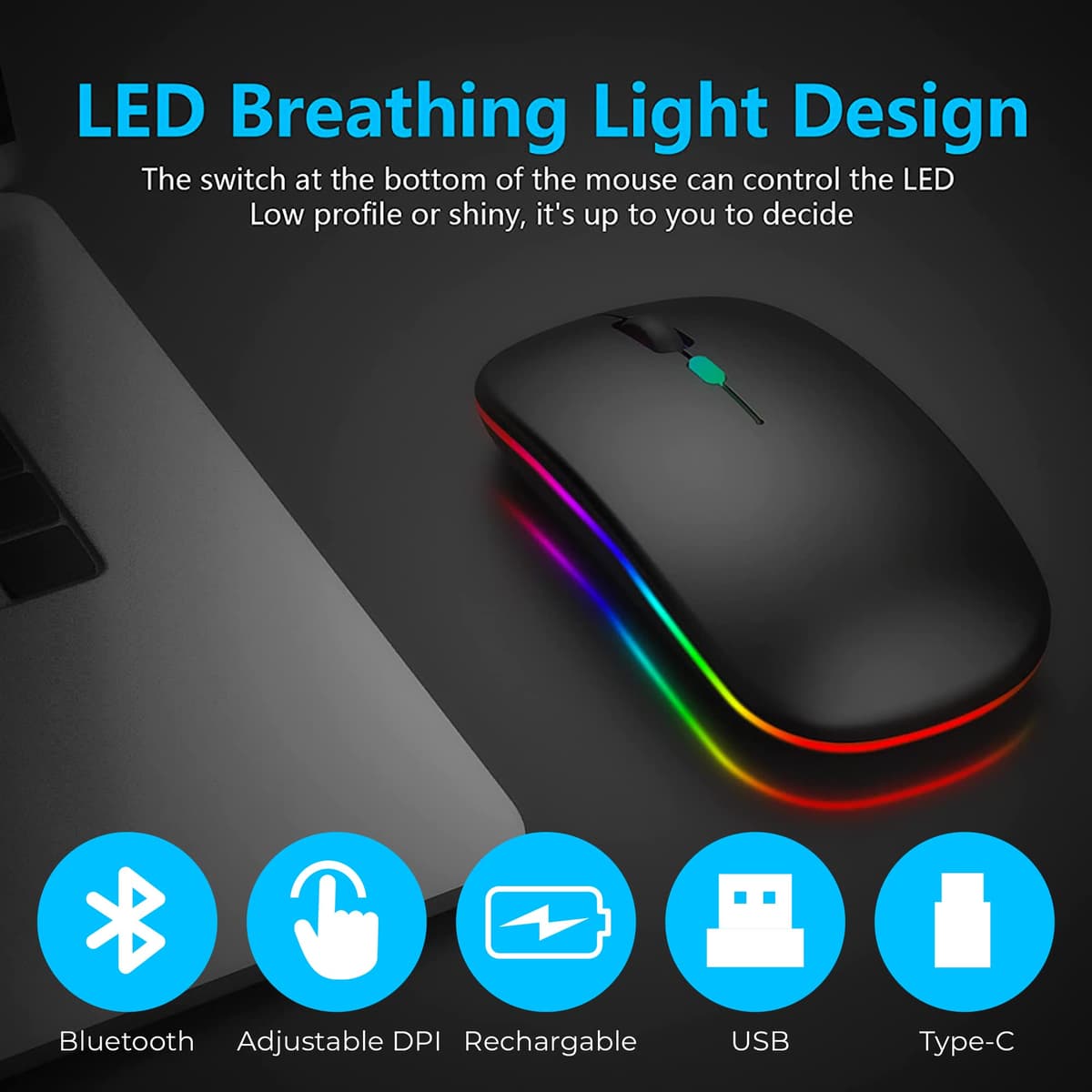 Wireless Mouse Bluetooth & 2.4GHz Dual Mode, Rechargeable RGB Computer Mous e, 800–2400 DPI, USB Mouses, Wireless Mouse for Laptop, Bluetooth Mose for Laptop Accessories — view 2