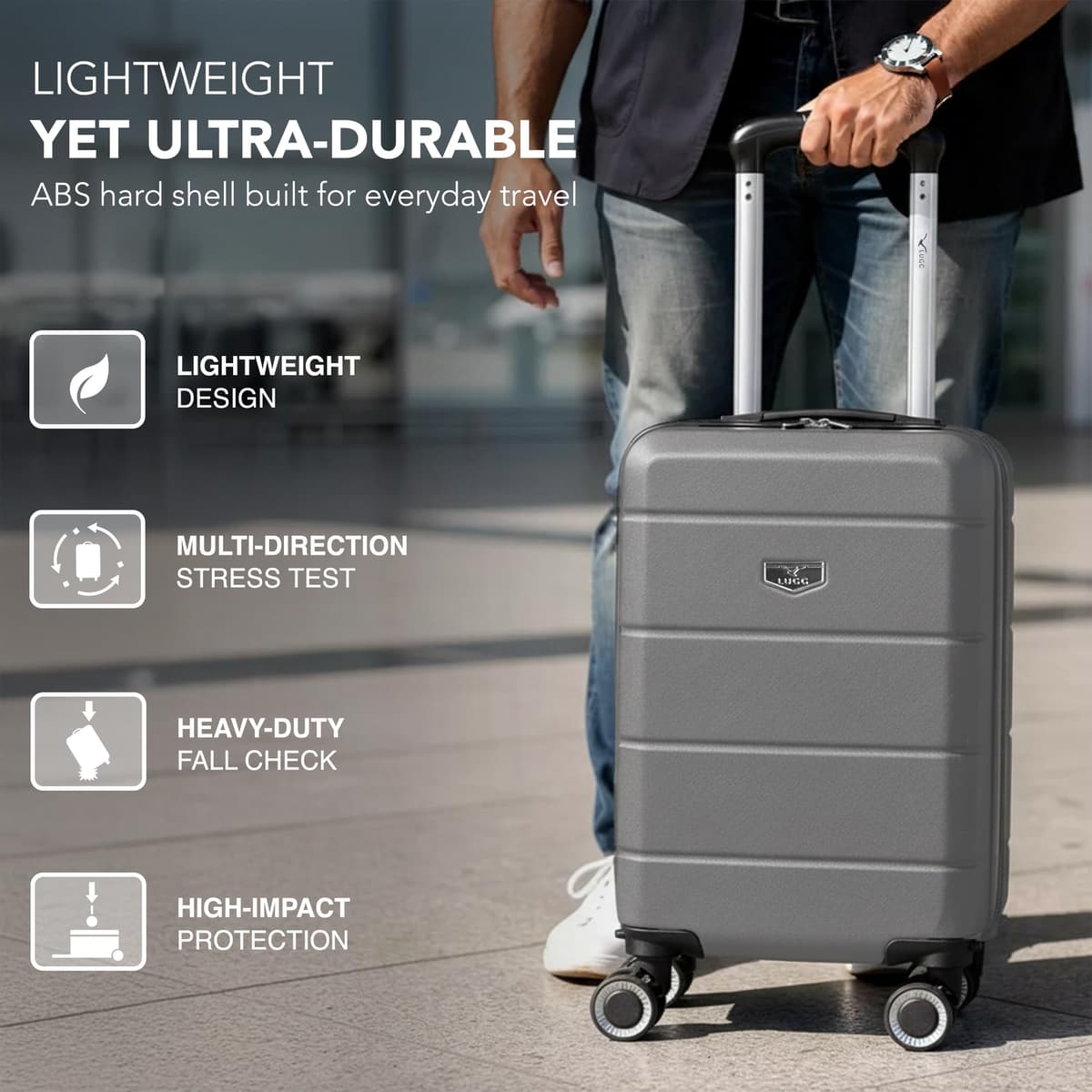 LUGG - Jetset 40cm Suitcase - 40x30x20cm- Ryanair Compatible - Underseat Size - Hard Shell ABS - Spinner & Removable Wheels - Lightweight Travel Luggage- Gunmetal — view 3