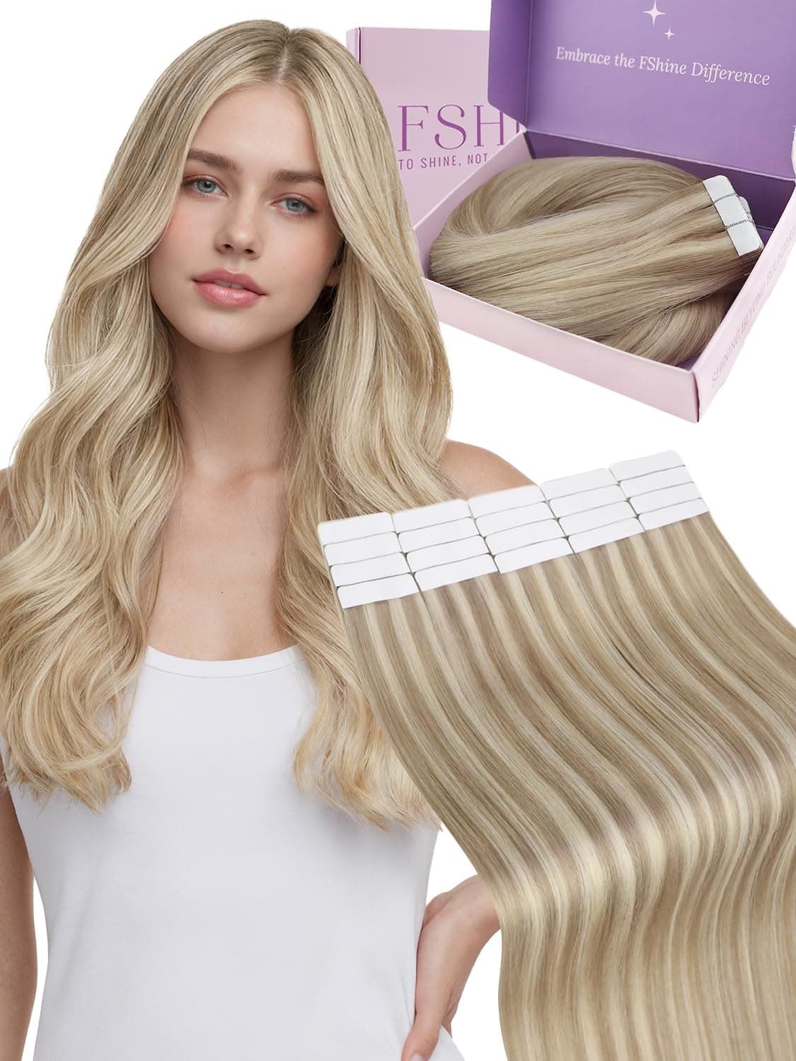 Fshine Extensiones Pelo Natural Adhesivas Rubio Blanco Extensiones Remy Adhesivas 45cm 50g Tape In Hair Extensions Cintas De Cabello Pelo Natural Color 1000 — view 26