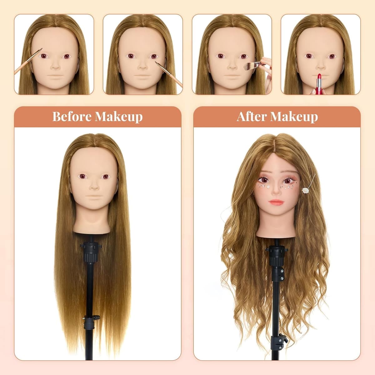 Neverland Cabeza de Peluqueria 24" 50% Pelo auténtico Cabeza Para Peinar Cabeza Maniqui Peluqueria Maniquí Muñeca para Peluquería con Soporte + Accesorios de Peinado DIY — view 2
