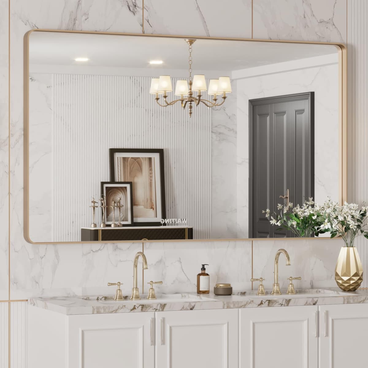 LOAAO 48”X36” Gold Bathroom Mirror, Rounded Rectangle Gold Frame Mirror, Brushed Gold Bathroom Vanity Mirror Wall-Mounted, Anti-Rust, Tempered Glass, Hangs Horizontally or Vertically — view 63