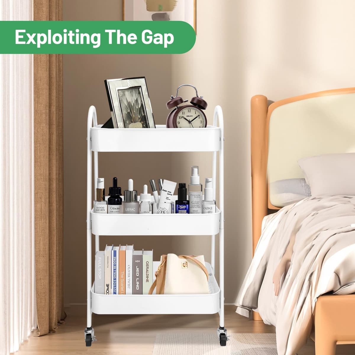 JOYBOY Carrito Auxiliar con Ruedas,Carrito de Cocina,Carro Rodante con Ruedas Bloqueables,Ganchos para Colgar Tazas,Marco de Acero,Carro Servicio 3 Niveles,con Lindas Pegatinas,Blanco — view 2