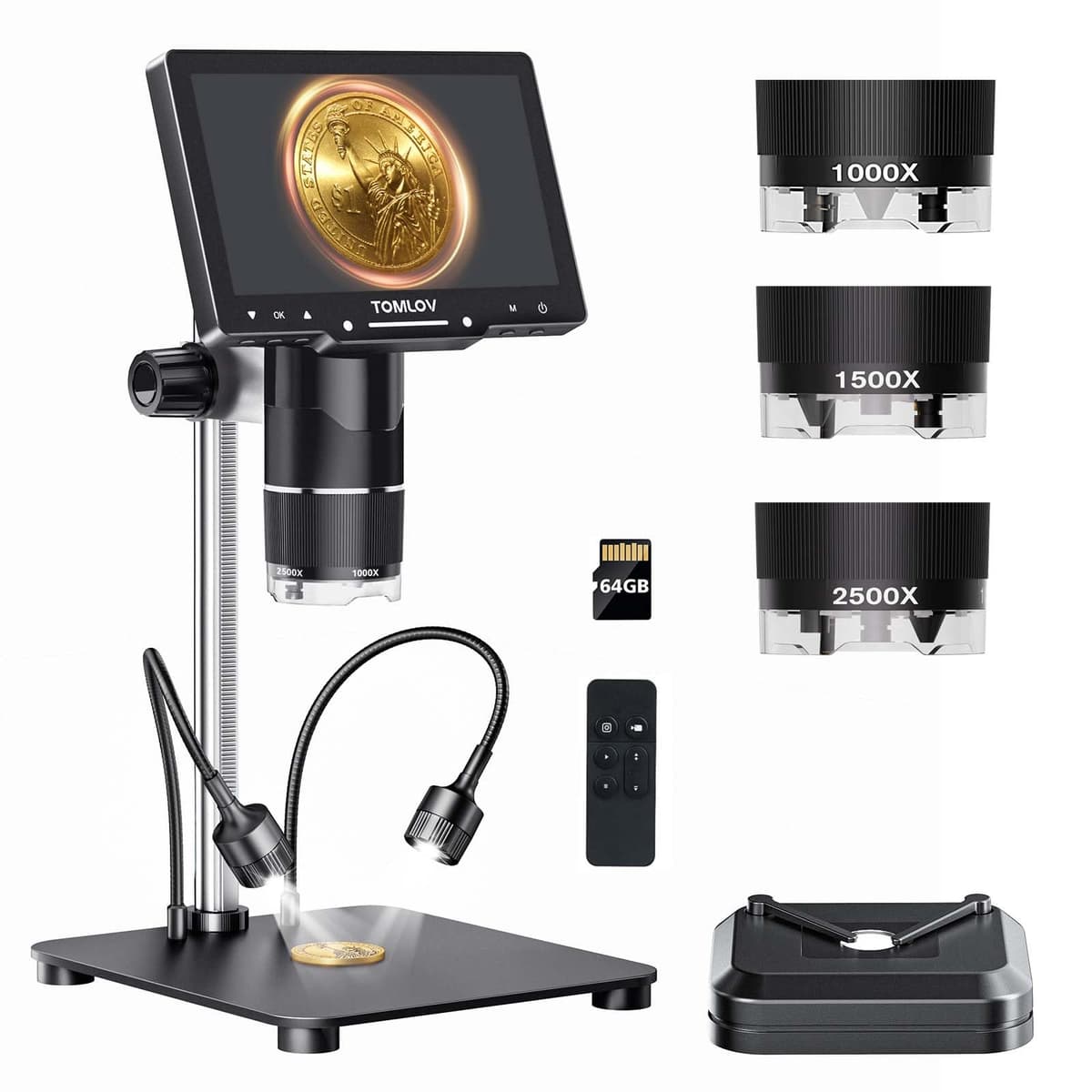 TOMLOV TriL107 3 Lens Digital Microscope 7" 2K IPS HDMI, 2500X Magnifier for Full Coin View and 14 LED Lights, 12.6" Support Soldering Microscope for Adults, PC/TV Compatible, 64GB