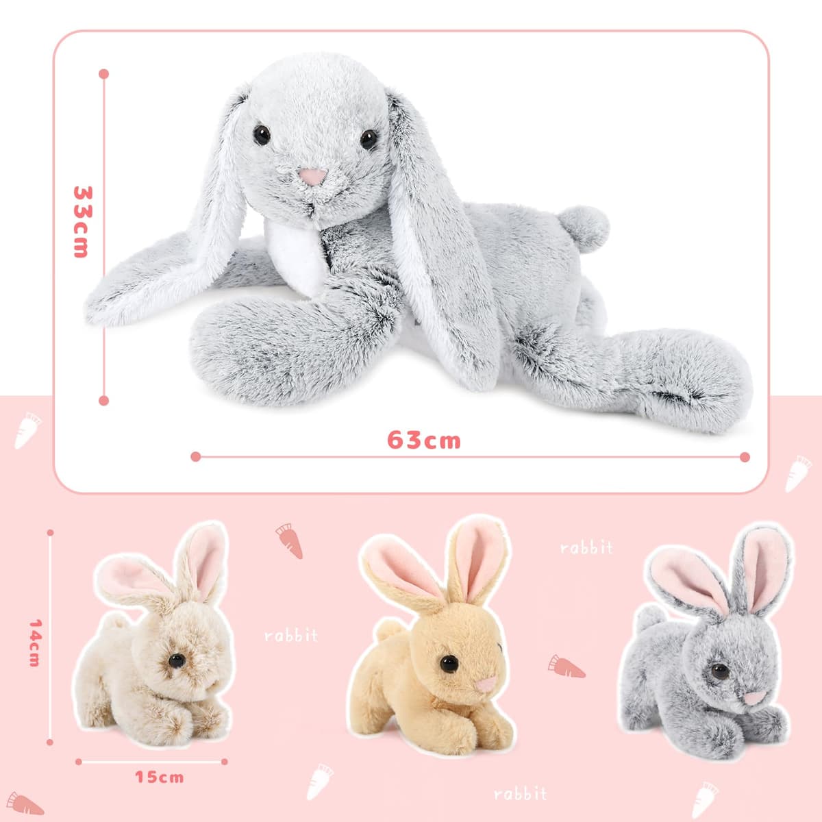 MorisMos Giant Easter Bunny Teddy Soft Toy, 60cm Cuddly Rabbit Teddy with 3 Baby Inside, Big Fluffy Bunny Stuffed Animals Gift for Kids Girlfriend Birthday Easter Decorations — view 3