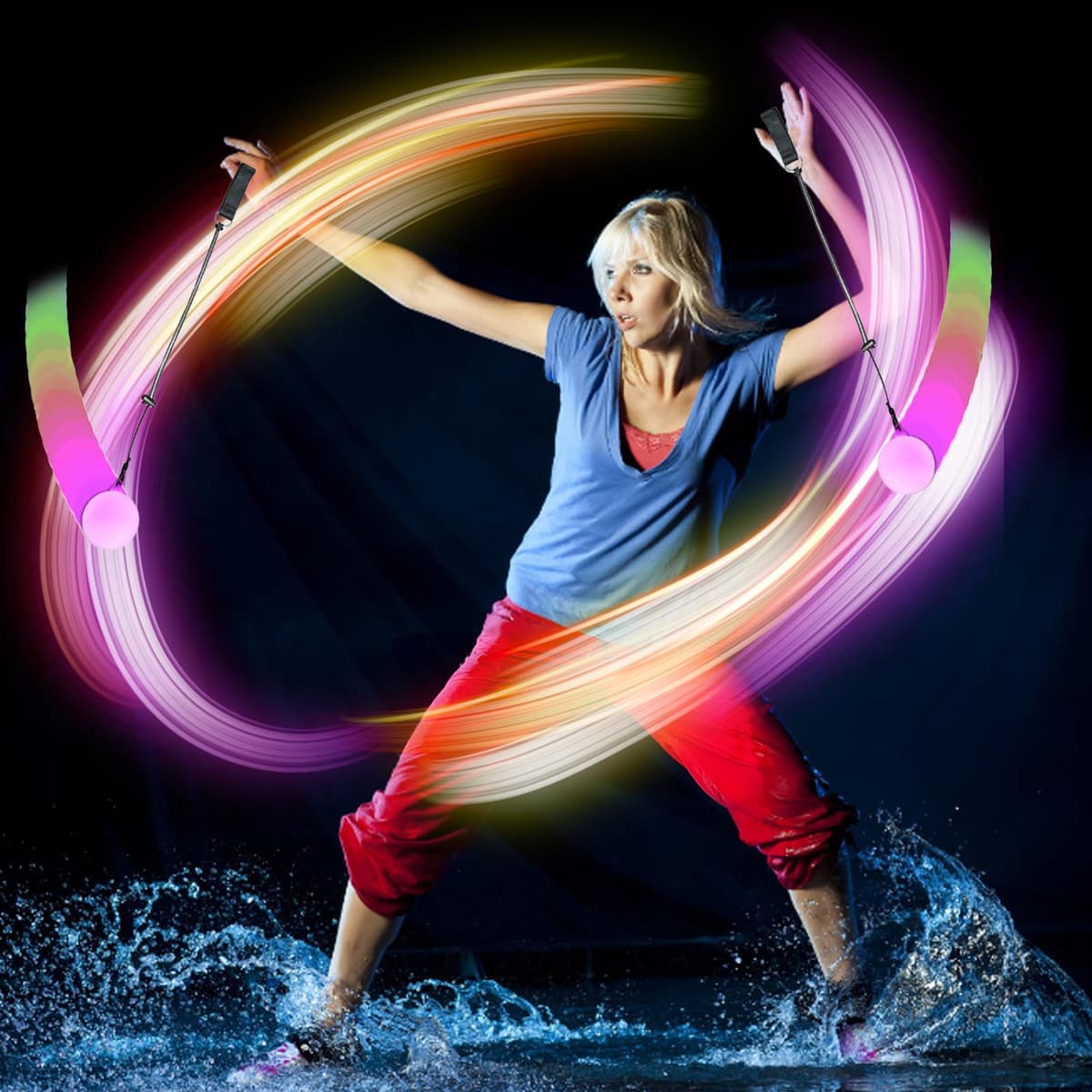 KIKVTER 2 bolas LED Poi Balls, bolas de malabares luminosas, bola luminosa, bola LED con colores del arco iris y efecto estroboscópico, juguete de circo, juego de spinning para adultos, principiantes — view 4