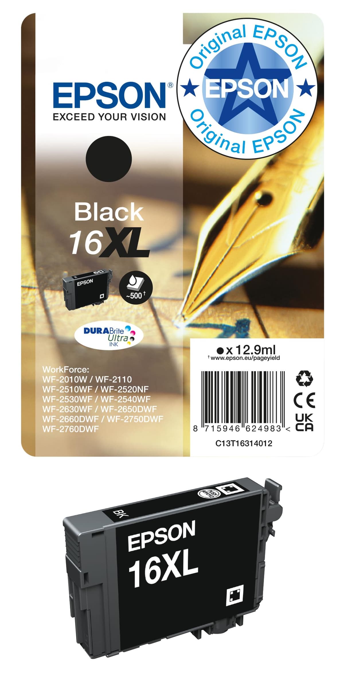 Epson C13T16314012 - Cartucho de tóner adecuado para WF2010, color negro, paquete estándar, XL válido para los modelos WF-2010W, WF-2510WF y otros, XL