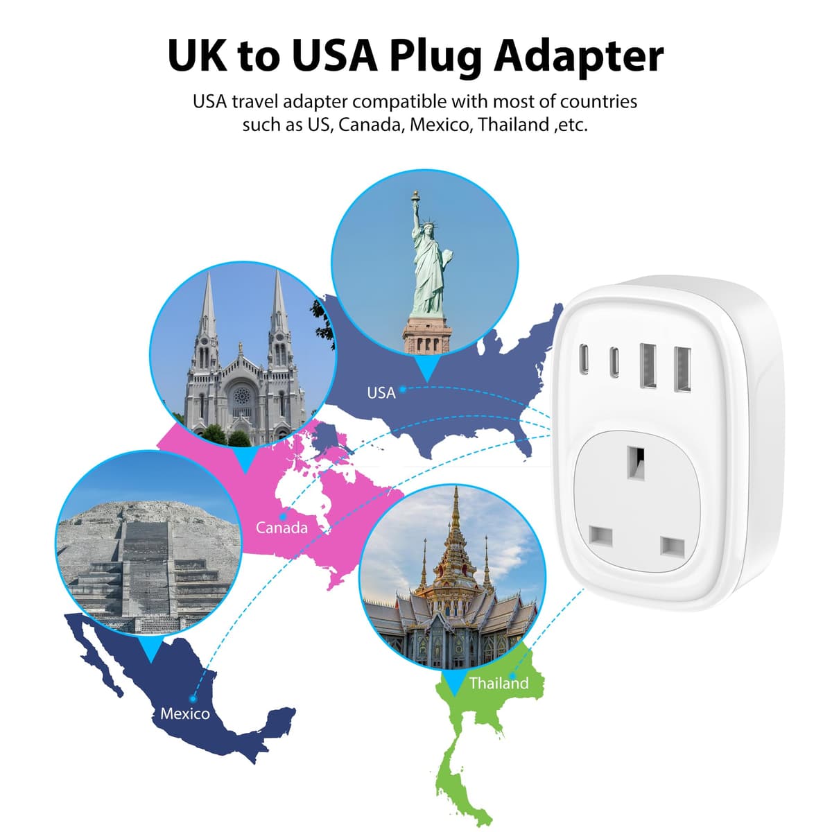 UK to US Plug Adaptor - UK to US Plug Adapter 40W USA Travel Adapter for American Canada Thailand Mexico Colombia 4 in 1 USBC Fast Charger with USB C Port for Phone Pad (Type B) Tusreda — view 5