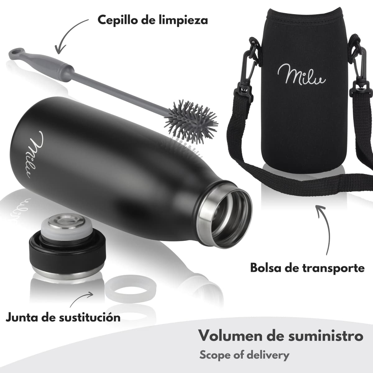 Milu Botella de acero inoxidable de 350ml 500ml 750 ml 1 L 1,5 L botella de agua aislada, termo a prueba de fugas, doble pared, apta para ácido carbónico + cepillo de limpieza (Azul Violeta, 350ml) — view 22