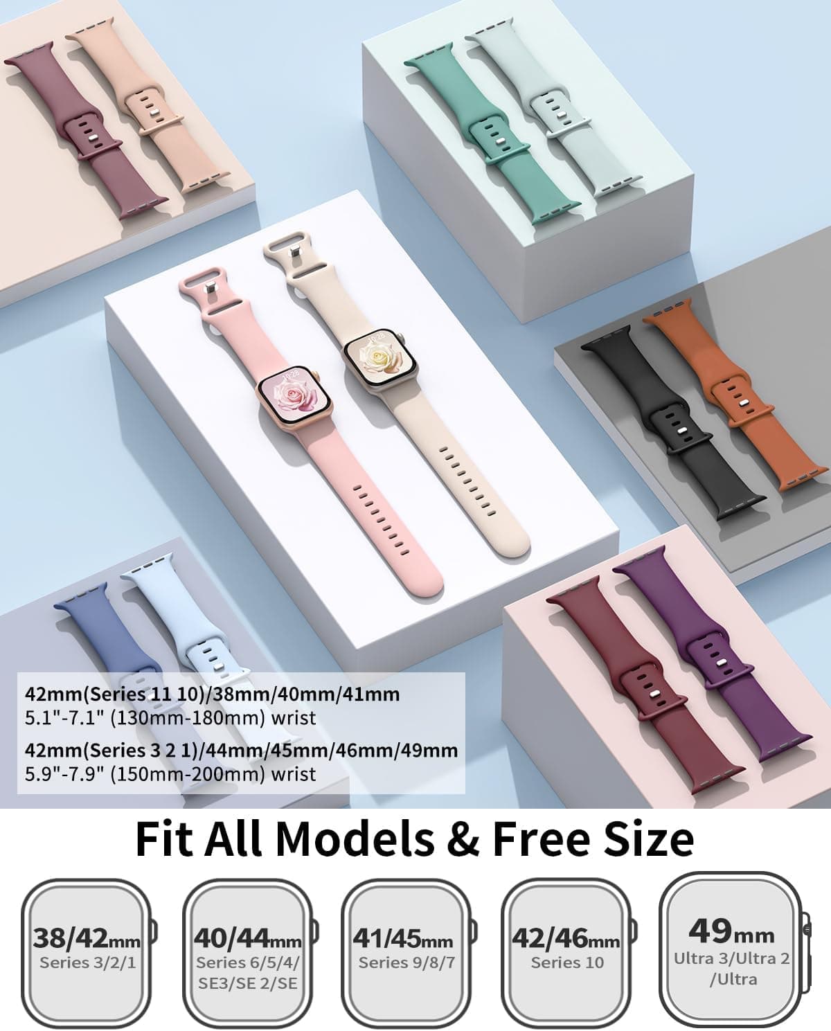 Patented Upgraded Silicone Strap Compatible with Apple Watch Straps 38mm 40mm 41mm 42mm(Series 10) for Women Men,Soft and Breathable Sport Watch Bands for iWatch Series 10 9 8 7 6 5 4 3 2 1 SE — view 3