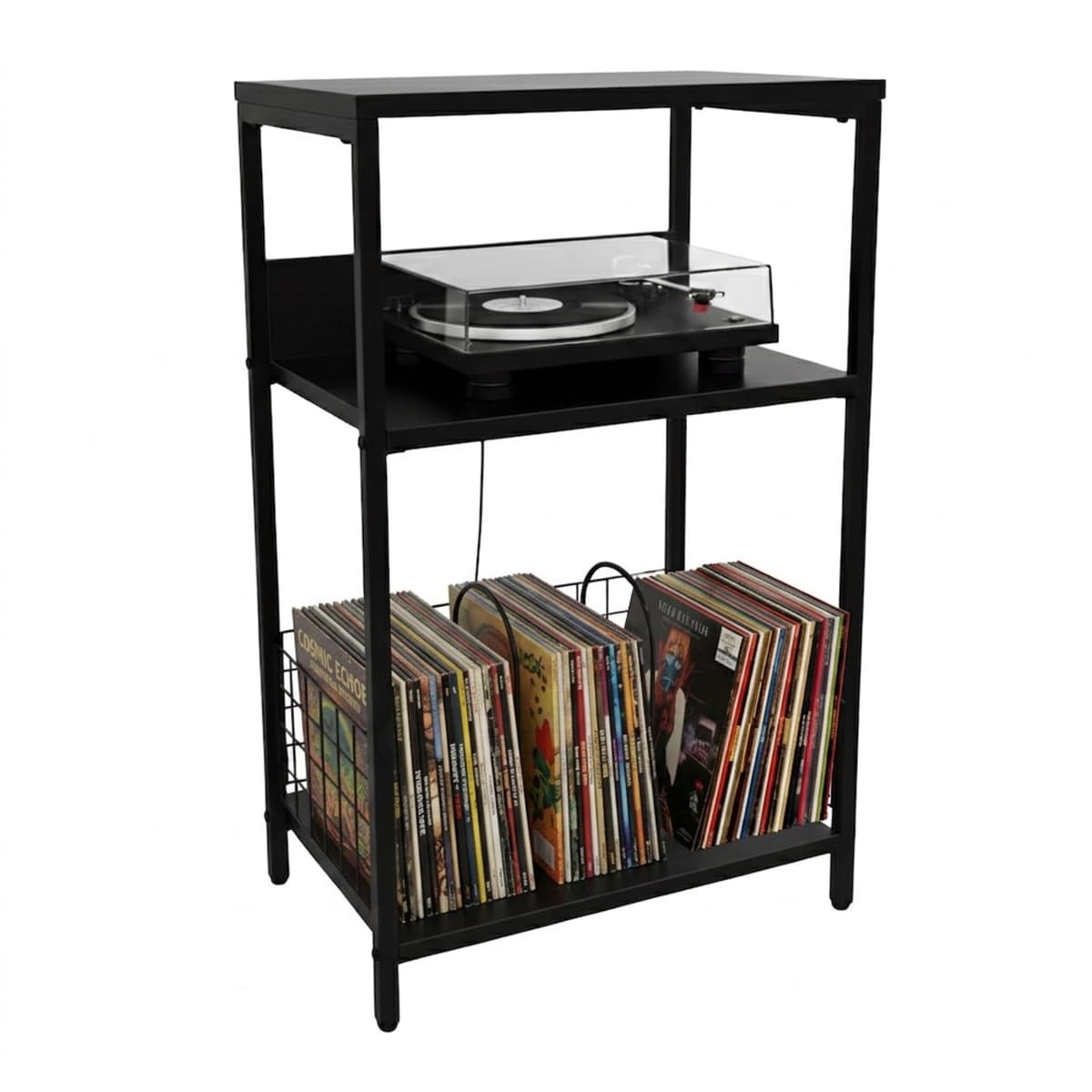 Relaxdays Mesa para Tocadiscos con 3 Niveles, separadores, Hierro/MDF, 65x40x30 cm, Negro