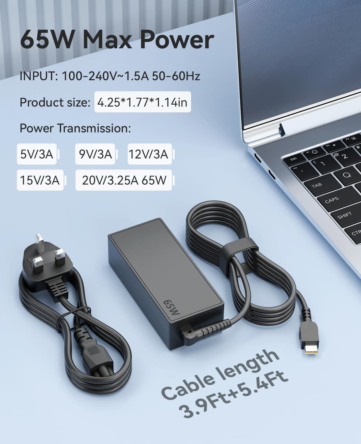 65W USB C Laptop Charger Universal for Lenovo Thinkpad Yoga, Dell Latitude XPS 13 Series, HP Chromebook, Asus Zendbook, Samsung, Type C Fast Charging — view 3