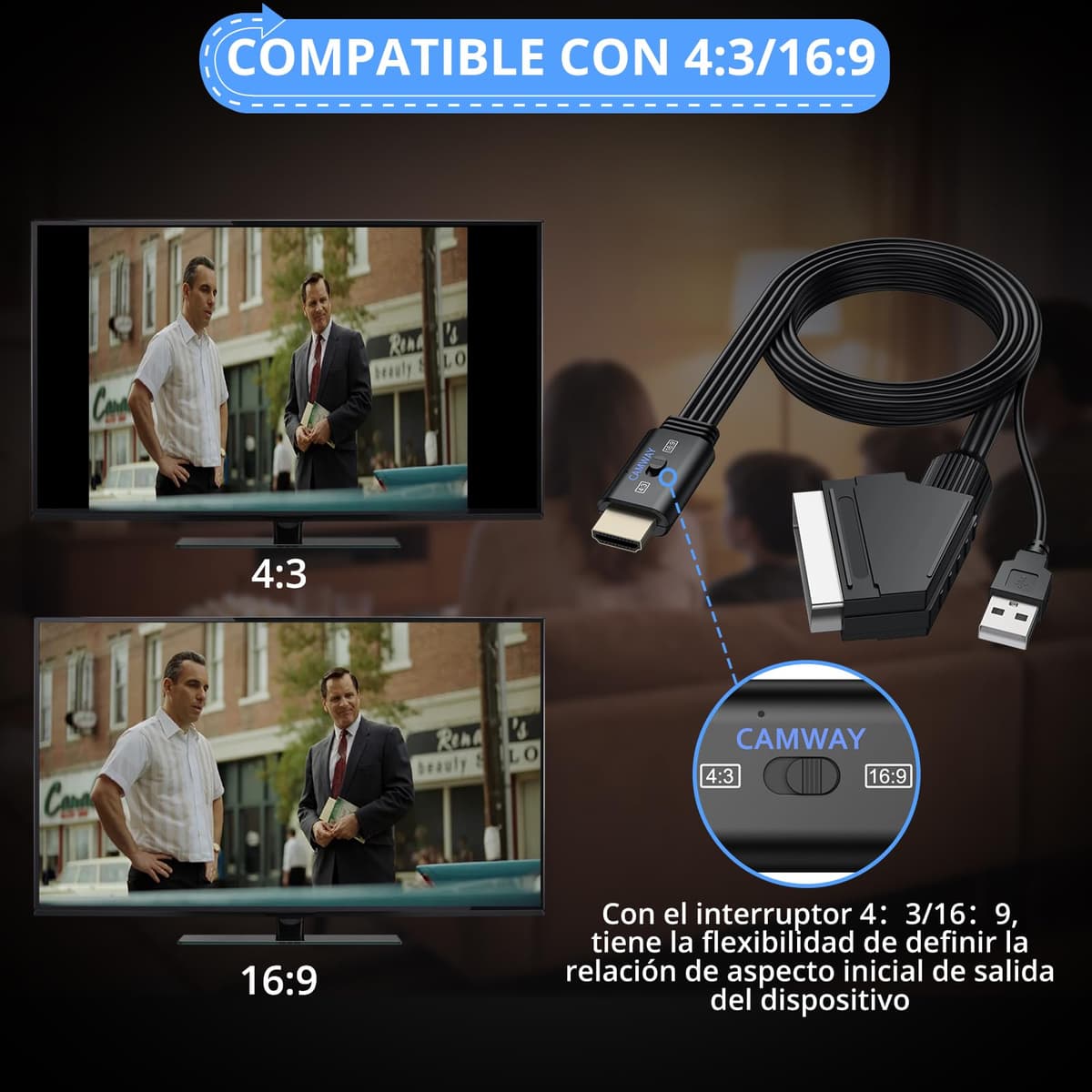 CAMWAY Adaptador SCART a HDMI con Switch 16:9/4:3, 1080P Convertidor Euroconector a HDMI con 150CM Cable SCART Macho Integrado, Diseño de Cable Todo en Uno, Compatible con PAL NTSC para DVD VCR VHS — view 4