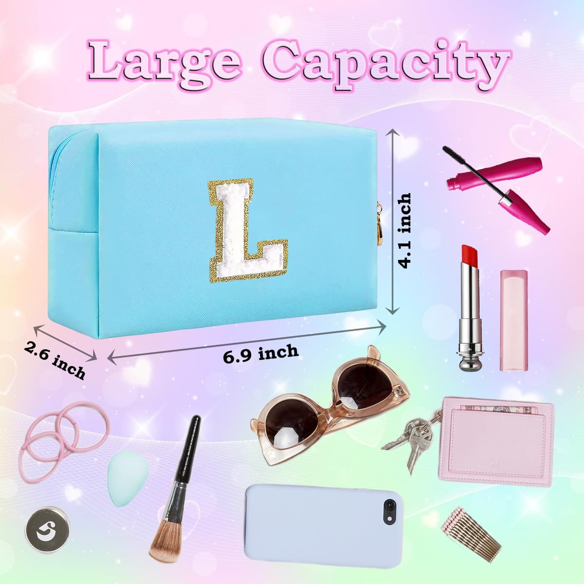 Small Personalized Initial Letter Makeup Bag, Cute Waterproof PU Leather Chenille Letter Cosmetic Bag Travel Makeup Bag, Preppy Makeup Pouch Toiletry Zipper Pouch Organizer for Women and Girls — view 4