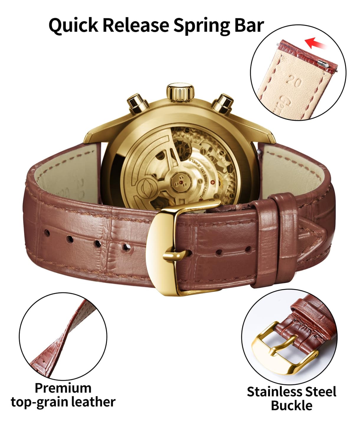 BINLUN Quick Release Leather Watch Straps Replacement Watch Bands Smart Watch Strap Crocodile Pattern in 10 Colors 13 Sizes with Silver/Gold/Rose-Gold Buckle for Men Women(10mm-24mm) — view 3