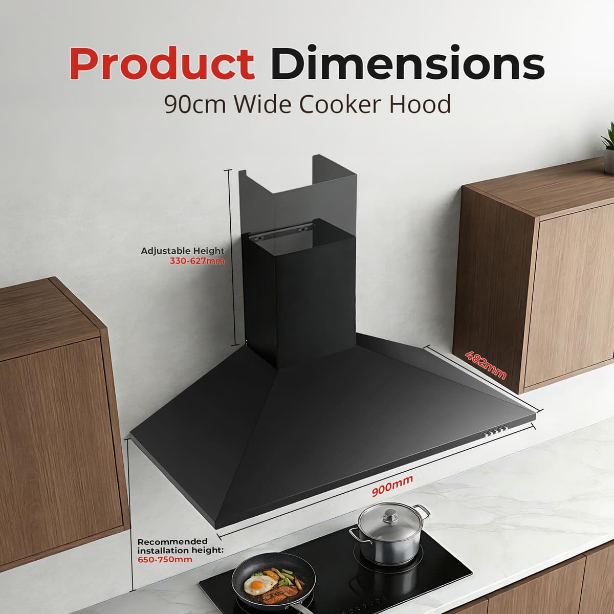 SNDOAS 90 cm Cooker Hood, Class A+++, 3-Speed Wall Mounted Range Hood, Extractor Hood, 400m³/h Extractor Fan kitchen with Carbon Filters, Black — view 4