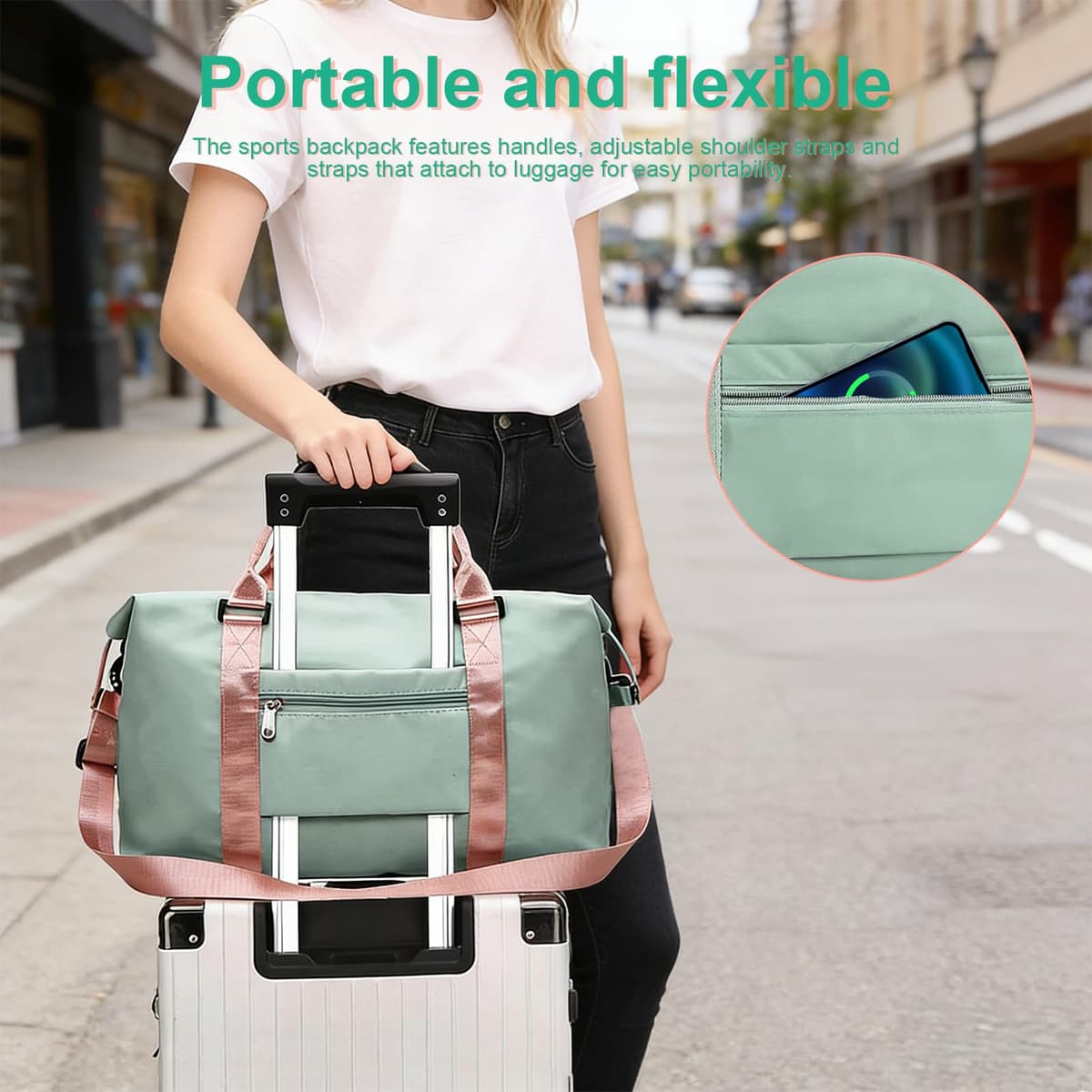 Bolsa Deporte, Verde y Rosa Bolsas Deporte Mujer, Separación para Ropa Seca y Mojada Bolsa Gimnasio Hombre, con Compartimento para Zapatos, para Fitness, Camping — view 3