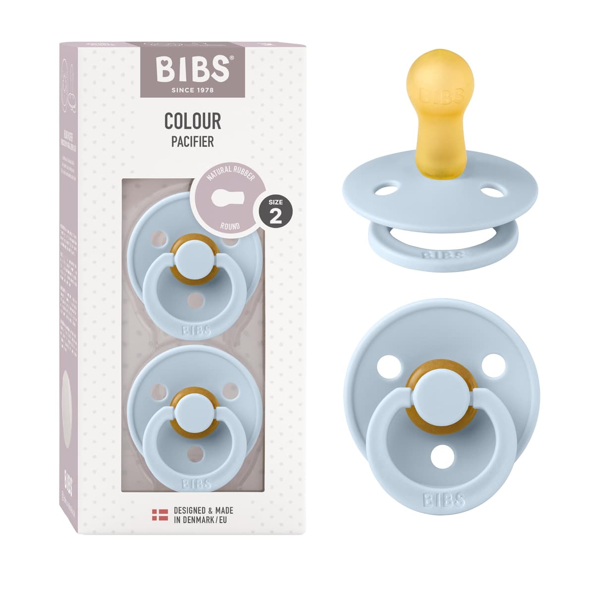 BIBS Colour Soother 2-Pack, BPA Free Dummy Pacifier, Round Nipple. Natural Rubber Latex, Size 2 (6-18 Months), Sky Blue/Steel Blue — view 44