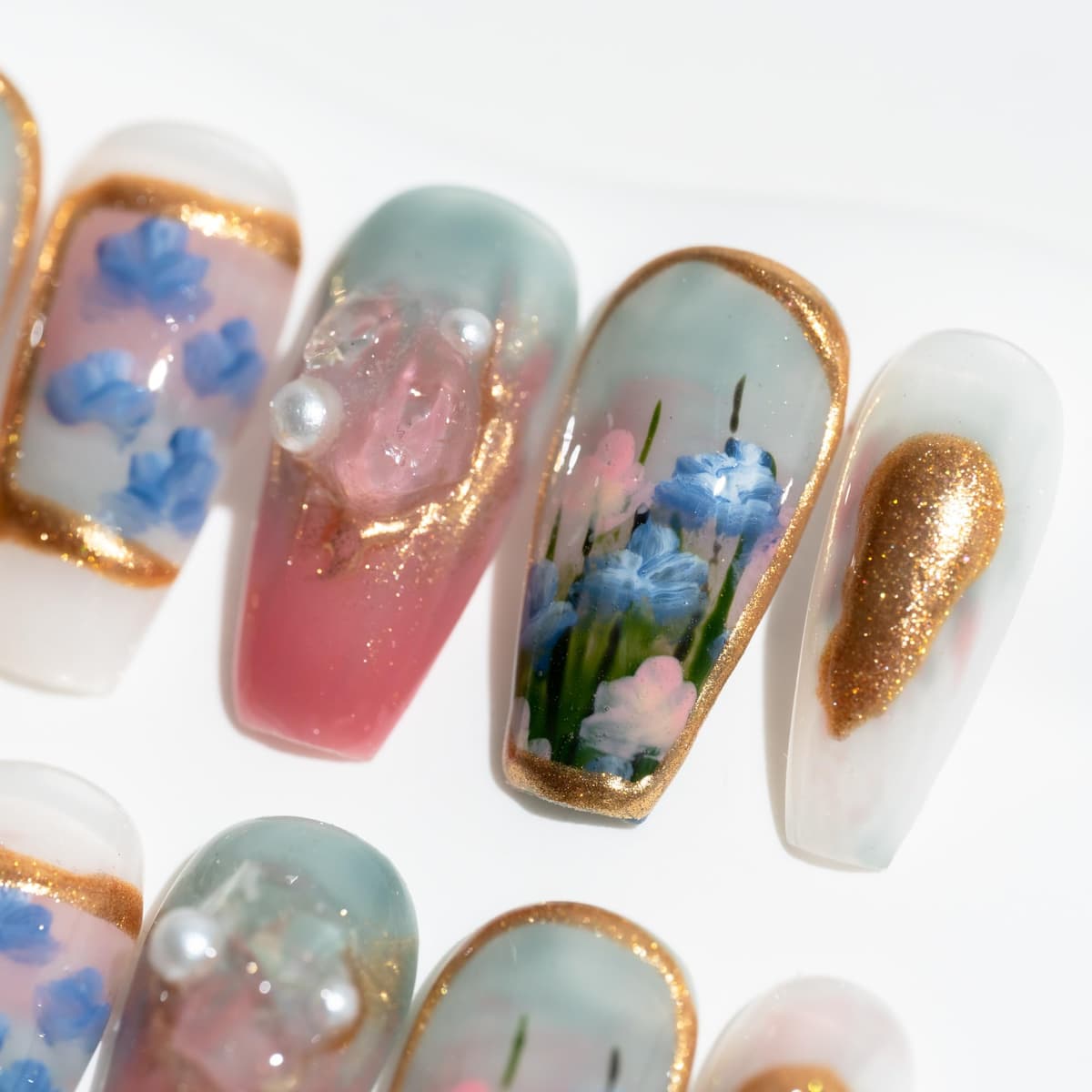 Sun&Beam Nails Handmade Press On Nail Long Coffin Ballerina Pink Flower Acrylic Fake Tip 3D Design Art Charms Cute with Storage Box 10 Pcs (S) — view 99