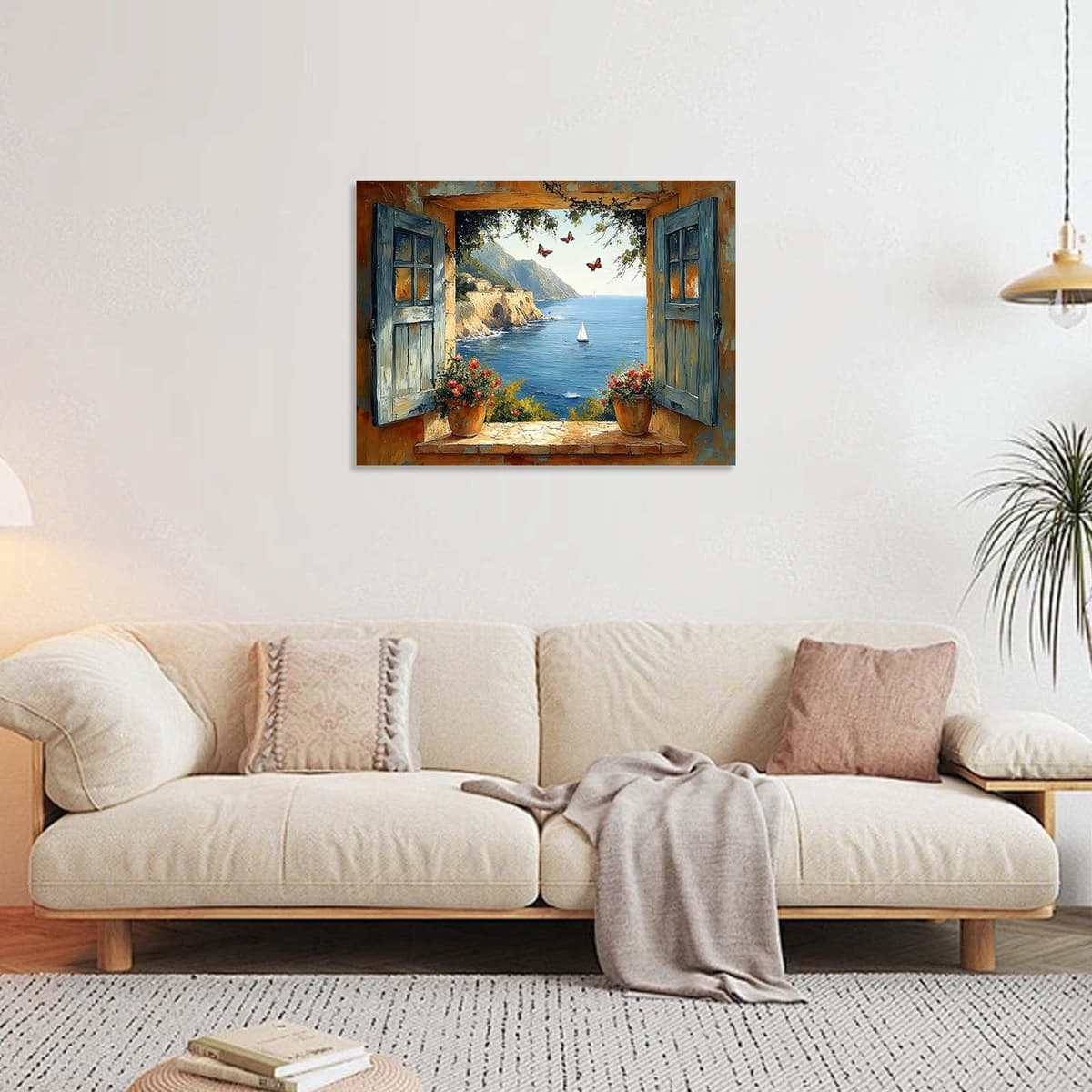 Framed Canvas Wall Art 12x16 Inch Mediterranean Coastal Window View Artwork Ocean Sailboat Wall Canvas Pictures for Living Room Bedroom Hallway Wall Decoration Prints with Hooks Magic Tape and Nails — view 5