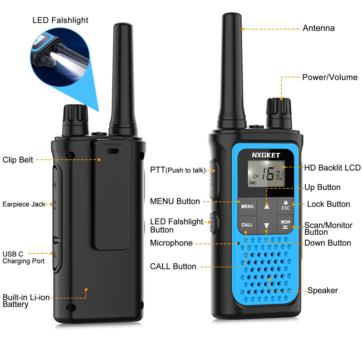 NXGKET Walkie Talkies for Adults Long Range,3Pcs PMR446 Rechargeable walkie talkie w/Built-In Batteries,16 Channels Radios with USB Type-C Cable,VOX Hand-free Auto Squelch for Outdoor Camping Hiking — view 3