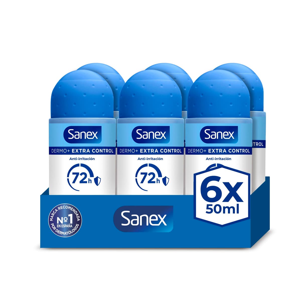 Sanex Dermo+ Extra Control Desodorante Antitranspirante Roll-On 72 Horas 6x50 ml– protección efectiva contra el sudor y el mal olor – dermatológicamente testado– contiene 0% alcohol*