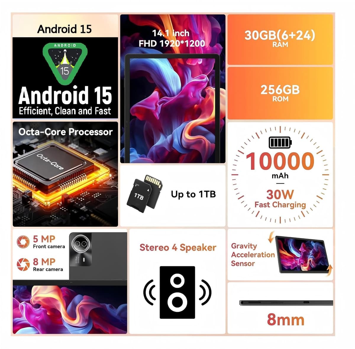 Ainmel 14 inch Tablet Android 15, 30GB+256GB(TF 1TB) Tablet with Pen and Keyboard, Octa-Core,10000mAh, Widevine L1, WiFi 6,1920x1200 IPS FHD, Dual Camera Tablets PC with Mouse Case Earphone (Black) — view 2