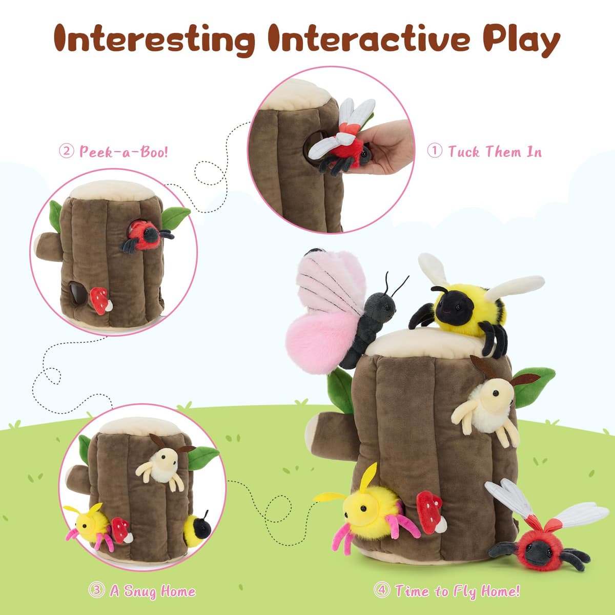 MorisMos Big Stump with Insectes Teddy Soft Toy, 25cm Cuddly Fluffy Tree stump with 5 winged small insects，Plush Stuffed Animal Teddy Gift for Kids Birthday Deco — view 4