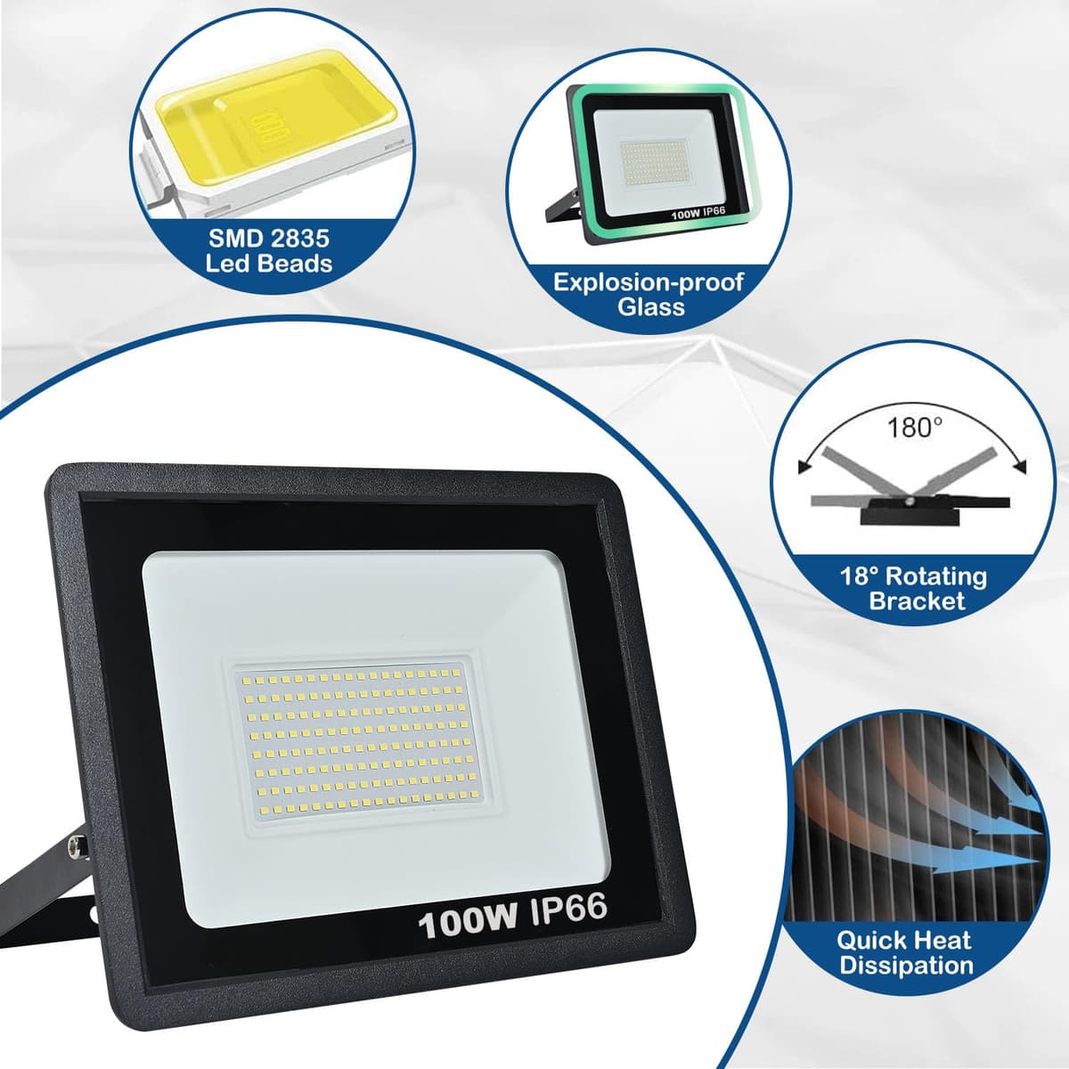 Focos LED Exterior 100W, IP66 Impermeable Foco Proyector LED, Blanco Frío 6500K 10000 Lumen Floodlight para Casa, Garaje, Patio, Terraza, Campo — view 2