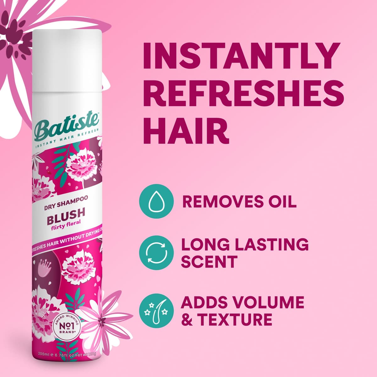 Batiste Dry Shampoo in Blush 200ml, Floral & Flirty Fragrance, No Rinse Spray to Refresh Hair in Between Washes (Packing May Vary) — view 2