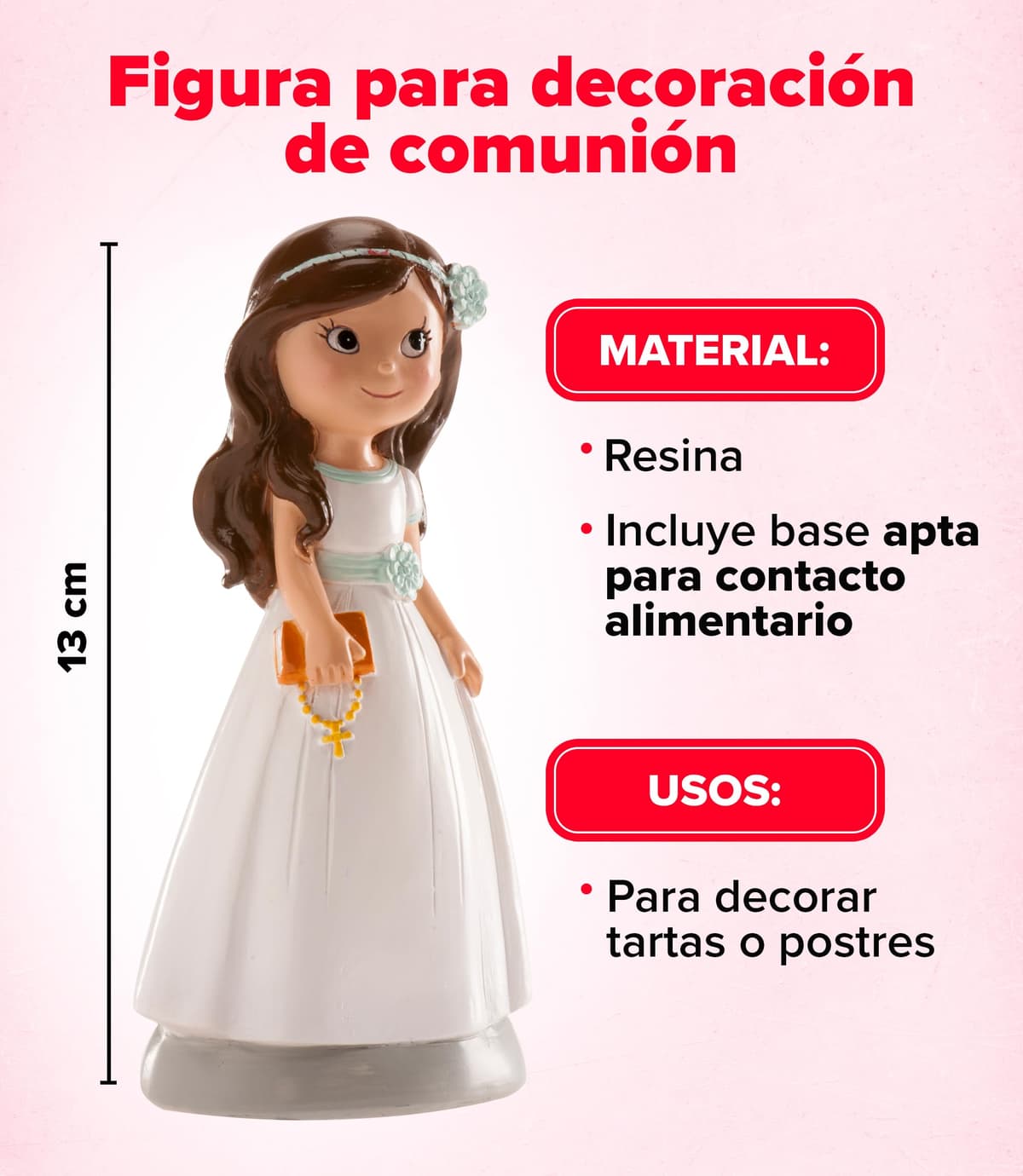 dekora - Figura Decorativa para Primera Comunión - Niña con Catecismo - Elaborada en Resina - Adorno para Tartas - 13 Centímetros de Alto - Diseño Original y Detallado - Apto para Contacto Alimentario — view 3