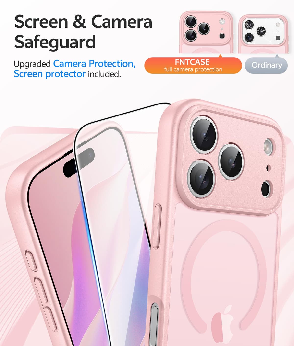 FNTCASE for iPhone 17 Pro Case: [Compatible with Magsafe] Translucent Matte Cases with [Full Camera Protection] [Screen Protector] Military Grade Shockproof Protective Phone Cover - Light Pink — view 4