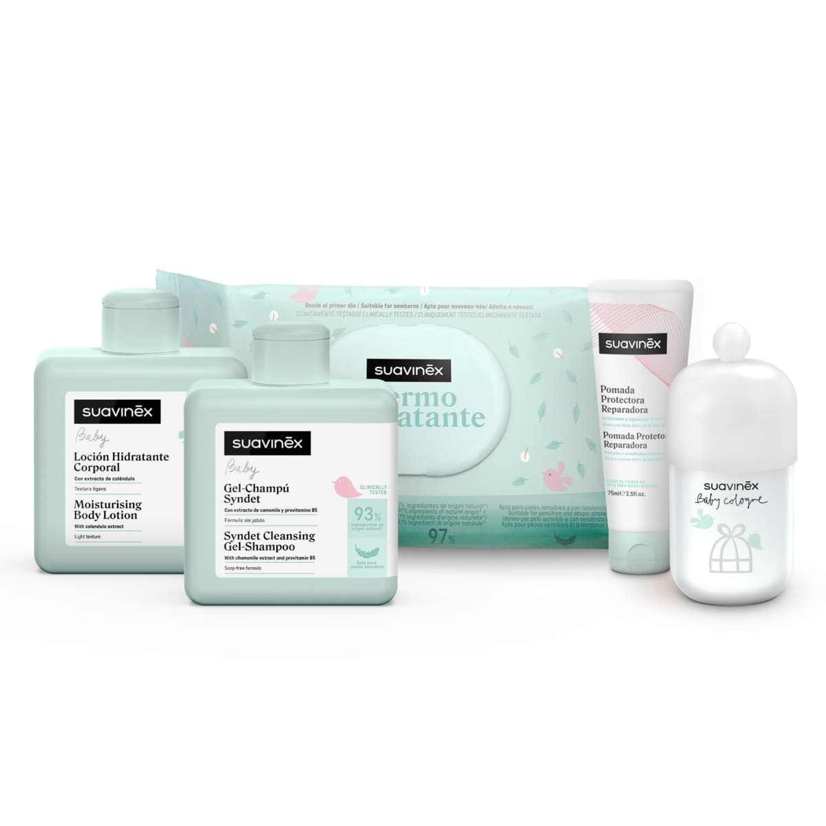 Suavinex, Bolso Carro Bebé con Cosmética: Gel Champú Syndet 300 ml + Loción Hidratante 300 ml + Pomada Pañal 50 ml + Baby Cologne 100 ml + Toallitas 60 Uds. Ideal Regalo de Recién Nacido, Azul — view 2