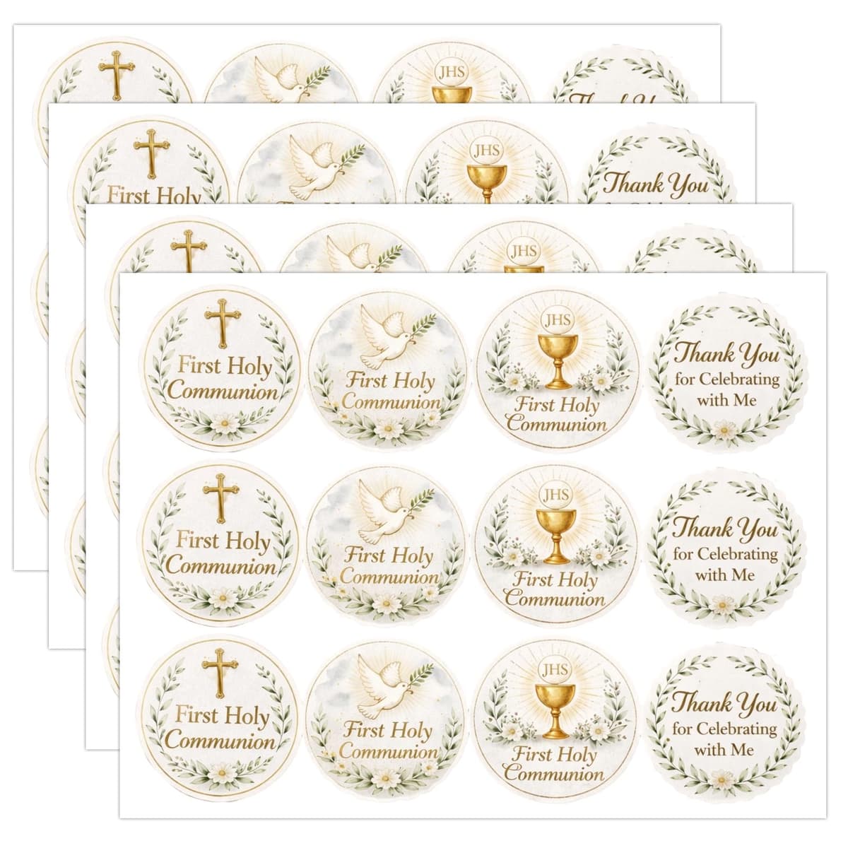 4 Pcs First Communion Stickers, Thank You for Celebrating with Us Stickers, Gold Round Adhesive Labels Stickers for Gift Bags, Party Bags, Wedding, Envelope Seals, Small Business