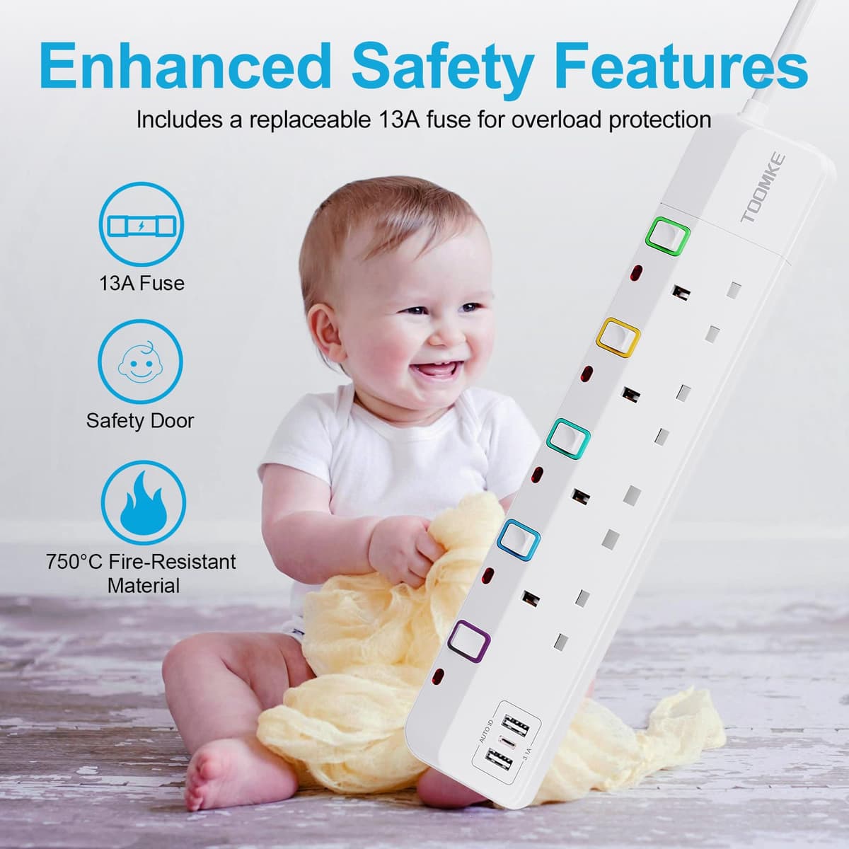 10M Extension Lead with Switches, 4 Way Extension Lead with 3 USB Ports (2 USB-A&1 USB C), Child Safety Protection Power Strip UK Plug Extension Socket 10 Meters Power Cord for Home Office — view 5