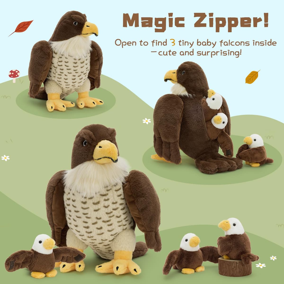 MorisMos Big Falcon Teddy Soft Toy, 35cm Mom Falcon with 3 Cuddly Baby Inside, Lifelike Eagle Stuffed Animal Plush Cuddly, Kawaii Presents for Kids Birthday Mother's Day Party Decorations — view 4