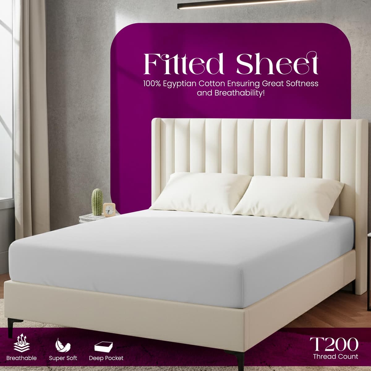 Linens World Egyptian Cotton Fitted Sheets King Size Breathable, Anti Wrinkle 30cm Deep Pocket 200 Thread Count Bed Sheets Bedding & Linen 152 X 200-CM White Bedding King Size Fitted Sheets — view 2