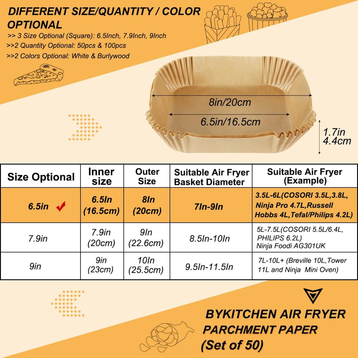 BYKITCHEN Air Fryer Parchment Paper Liner, 50PCS Square Air Fryer Liners Disposable, Greaseproof Paper, Compatible with COSORI, Ninja, Tefal, Russell Hobbs Fryers (Unbleached) — view 2