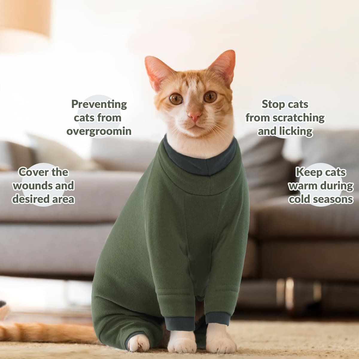 Chaleco Polar para Gatos, Chaqueta de Invierno Abrigo Otoño Invierno Caliente Pullover Suave Fleece Onesie Felpa para Gatos Body Postoperatorio(Verde Militar, L) — view 5