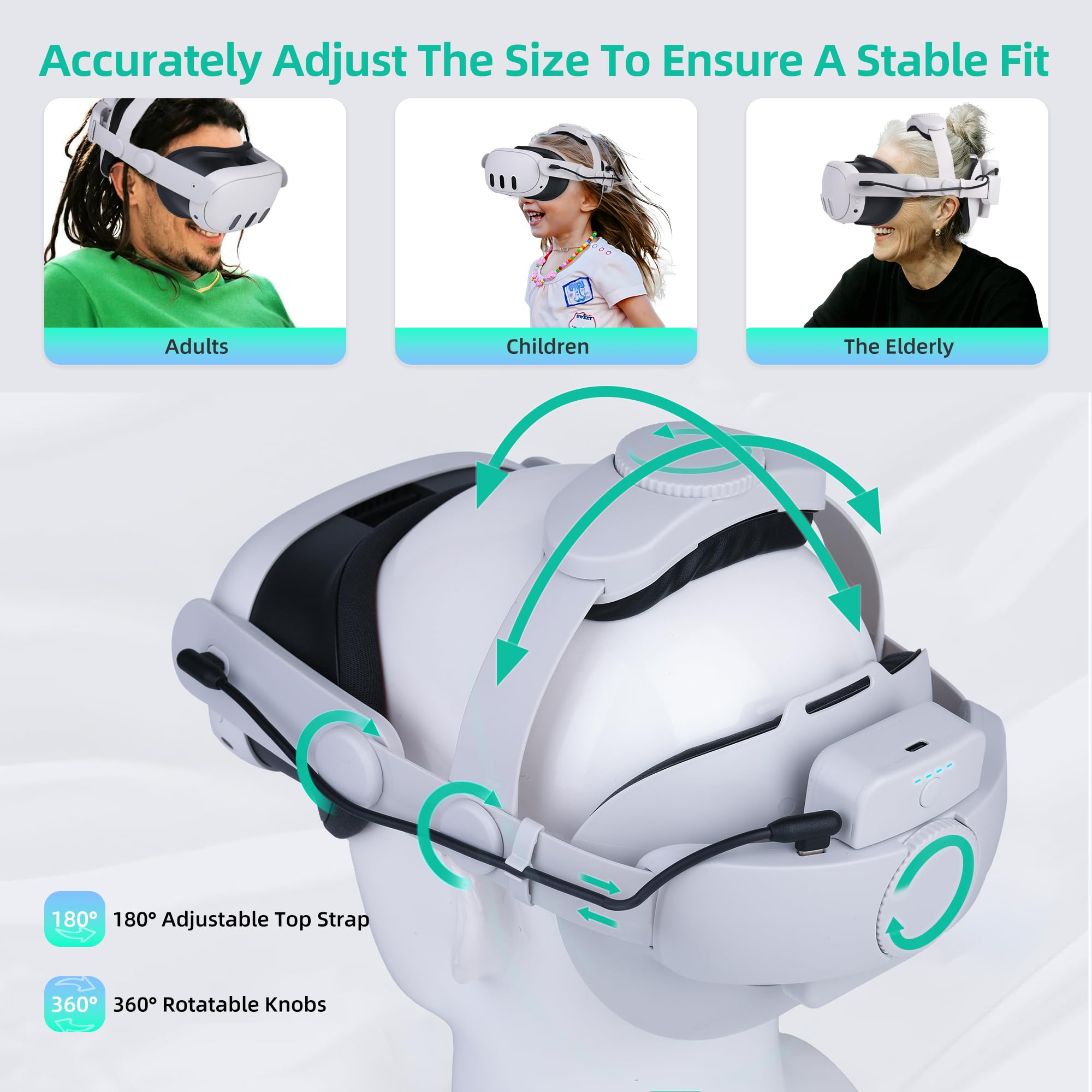 Noiposi Battery Head Strap 7500mAh for Meta Quest 3S/3/Quest 2,Double Knobs Adjustable Elite Strap Replacement,VR Accessories Strap Enhanced Support & Comfort & Reduce Pressure Extend Playtime — view 5