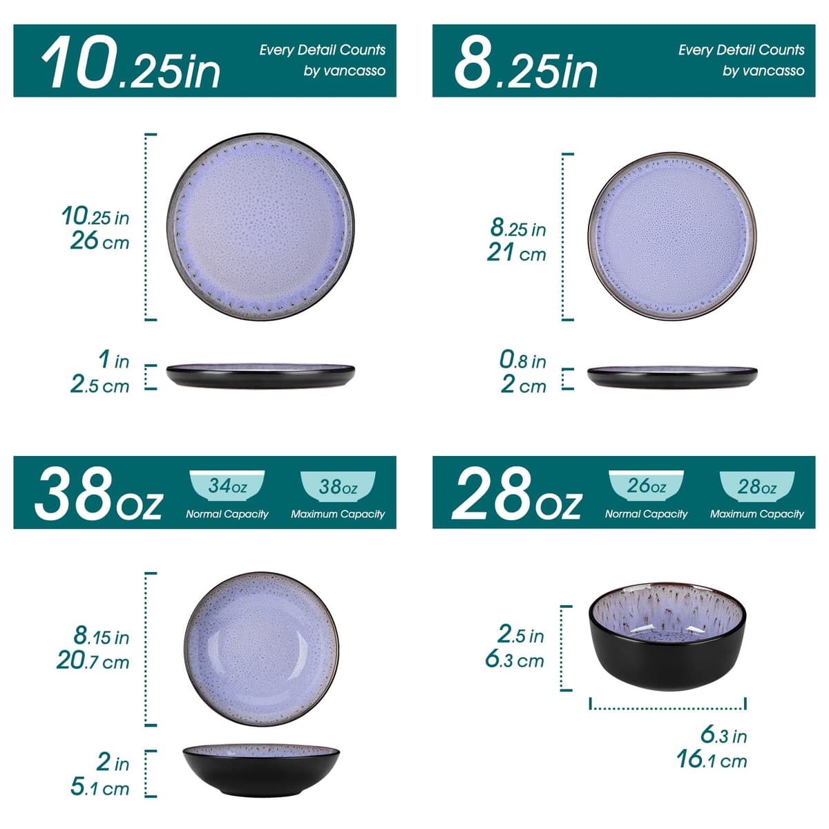 vancasso Amber 24 Pieces Dinner Set for 6, Reactive Glaze Stoneware Plates and Bowls Set, Purple Crockery Set with Dinner Plates, Dessert Plates, Soup Bowls & Cereal Bowls, Microwave & Dishwasher Safe — view 2