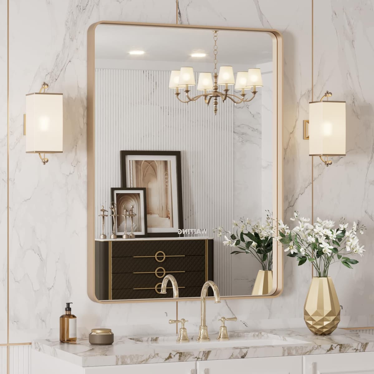 LOAAO 48”X36” Gold Bathroom Mirror, Rounded Rectangle Gold Frame Mirror, Brushed Gold Bathroom Vanity Mirror Wall-Mounted, Anti-Rust, Tempered Glass, Hangs Horizontally or Vertically — view 67