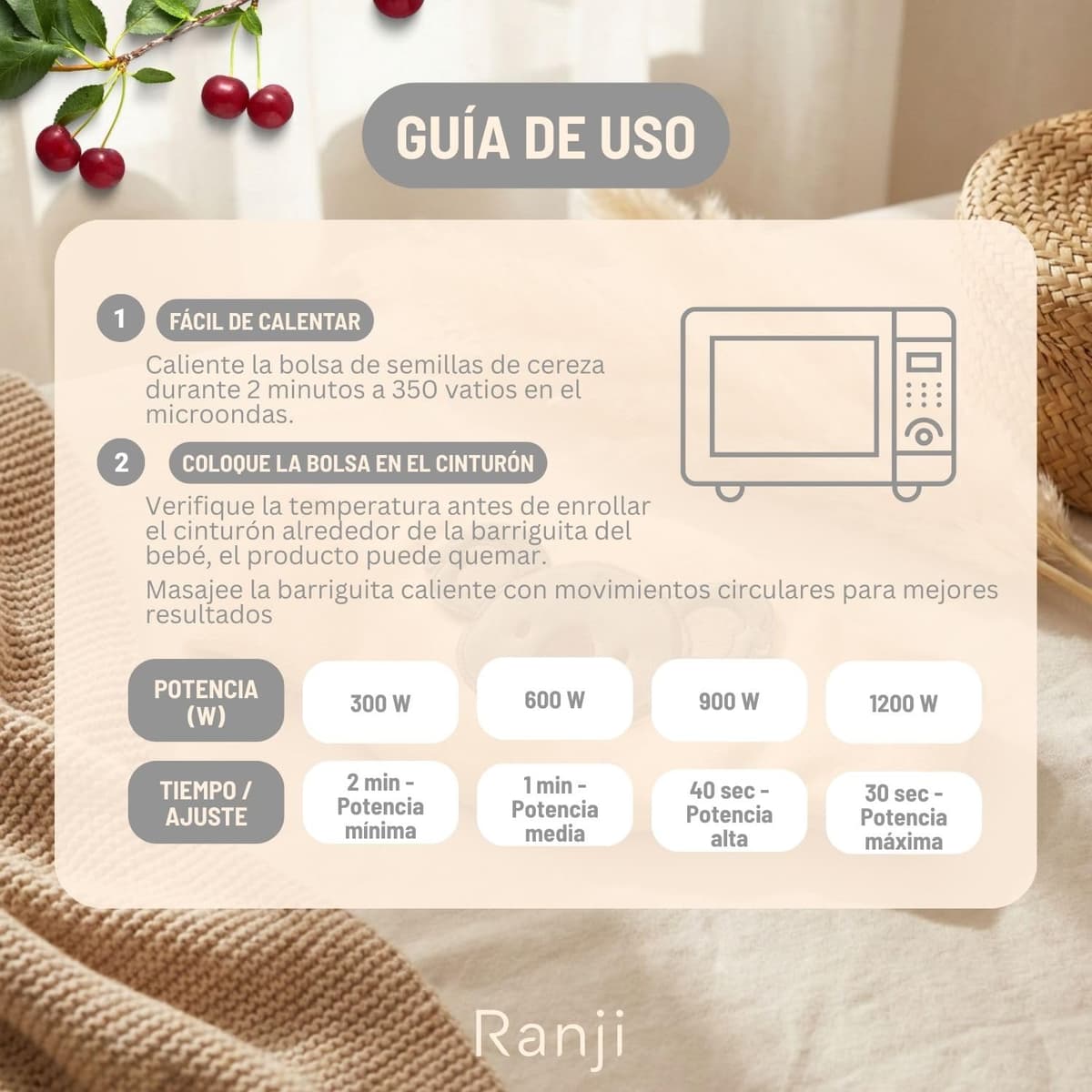 RANJI - Cinturón Anticólicos Bebé con Huesos de Cereza – Saquito de Semillas para Cólicos Bebé Recién Nacido, Algodón Orgánico GOTS & Certificación OEKO-TEX, Apto Microondas (Koala) — view 5